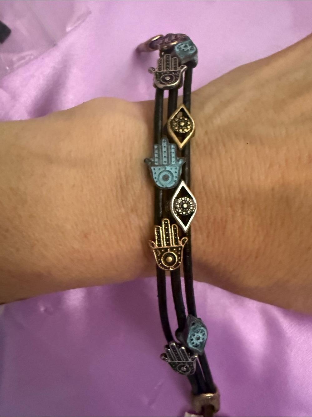 Clover Black leather  Bracelet with Turquoise Hamsa and Antique Gold Evil eye